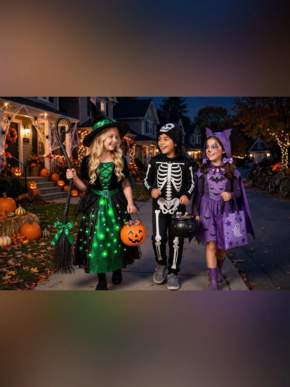 Poshetion Girls Witch Costumes, Light Up Halloween Witch Dress with Witch Broom